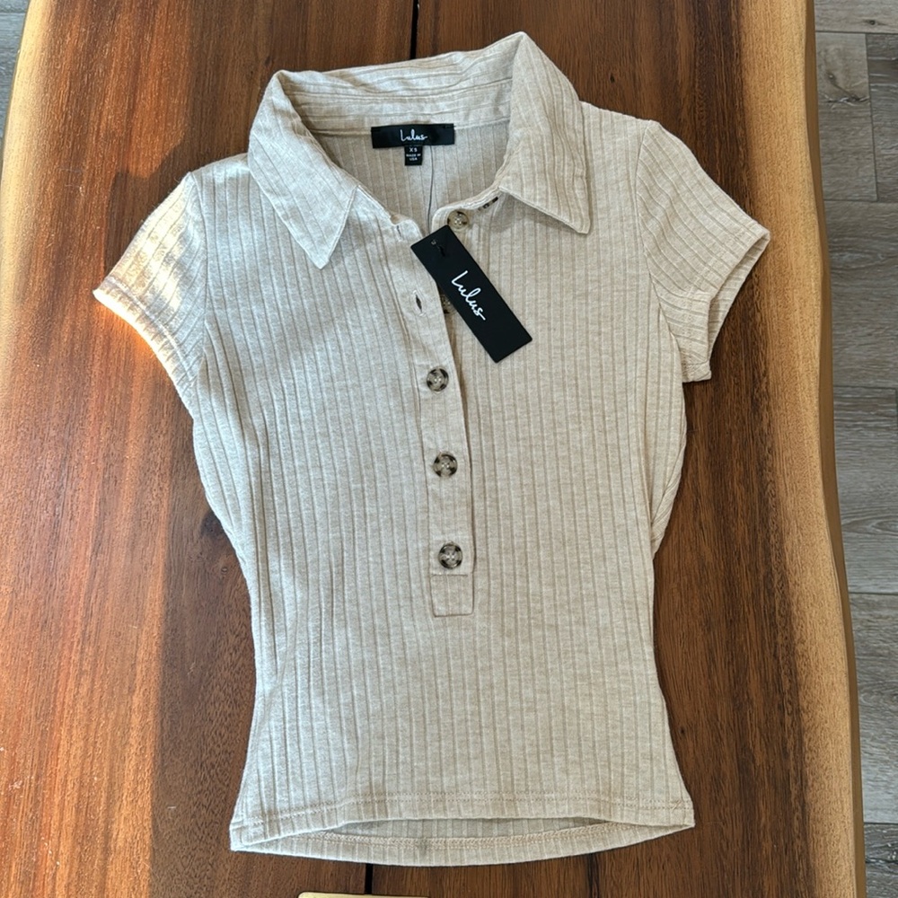 Lulus Beige Ribbed Shirt - Picture 4 of 6